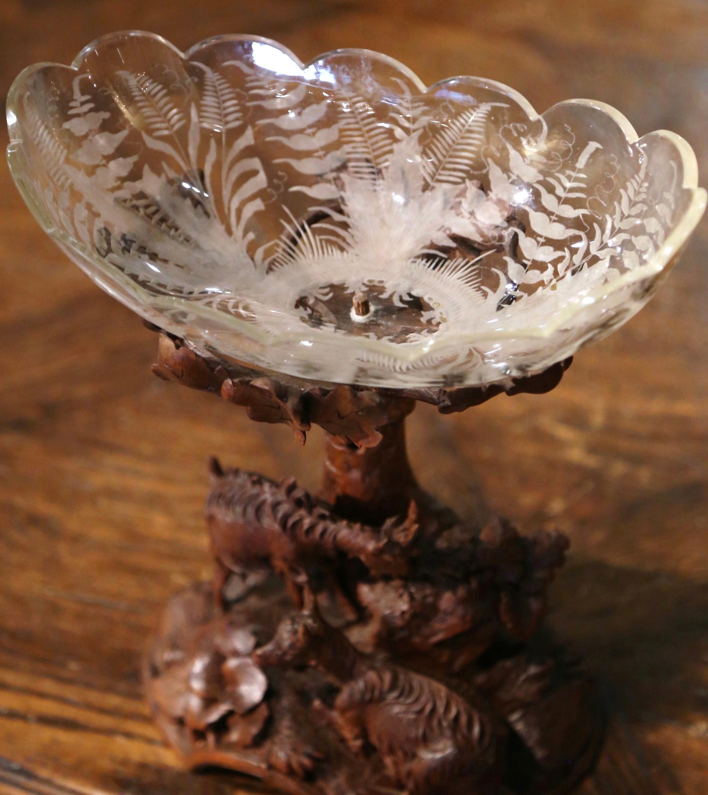 Cut Glass 19th Century Black Forest Carved Walnut and Crystal Center Piece with Goat Decor For Sale