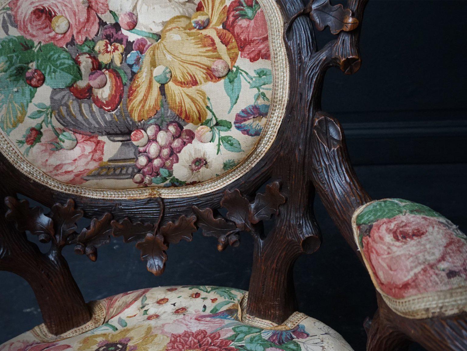 19th Century Swiss Black Forest Carved Walnut and Fabric Upholstered Armchair For Sale 7