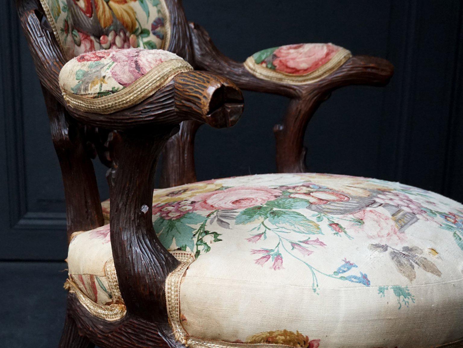 19th Century Swiss Black Forest Carved Walnut and Fabric Upholstered Armchair For Sale 1