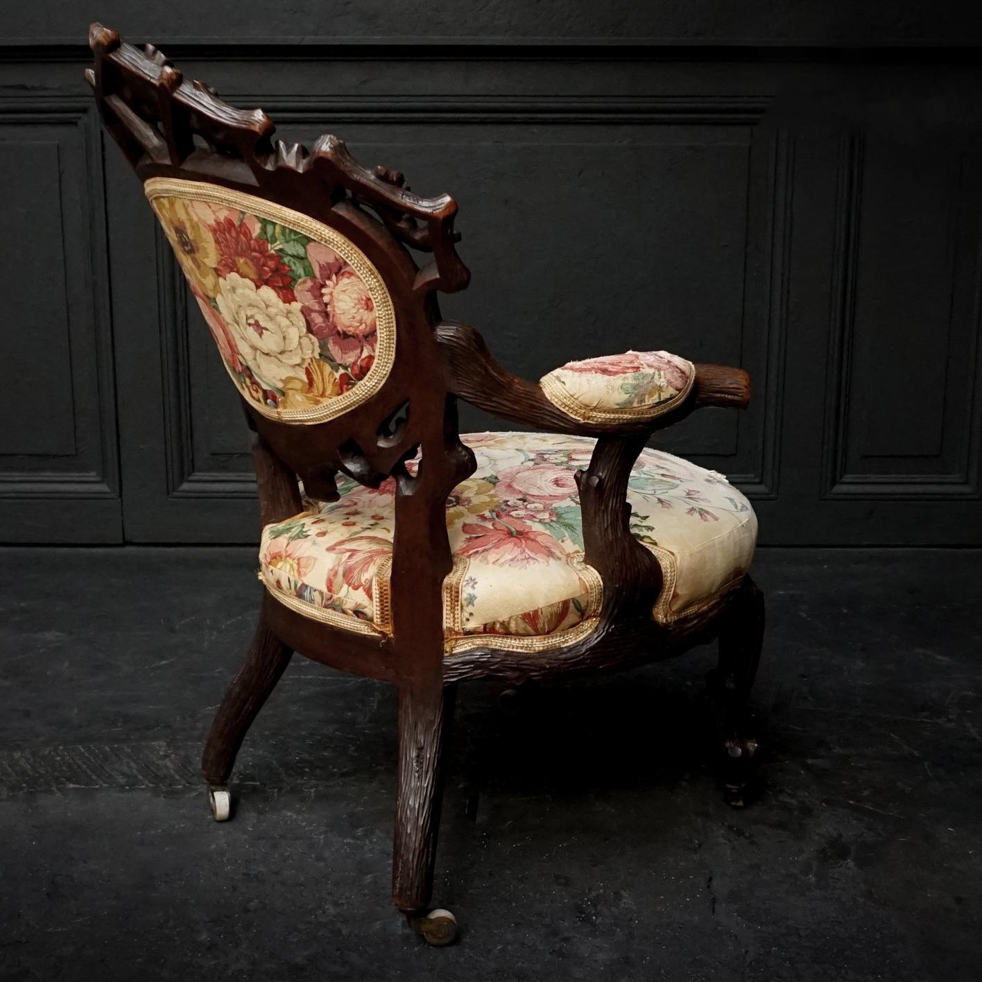19th Century Swiss Black Forest Carved Walnut and Fabric Upholstered Armchair For Sale 2