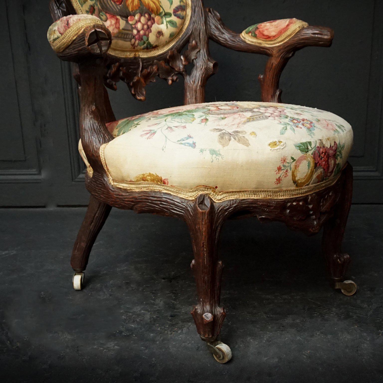 19th Century Swiss Black Forest Carved Walnut and Fabric Upholstered Armchair For Sale 3