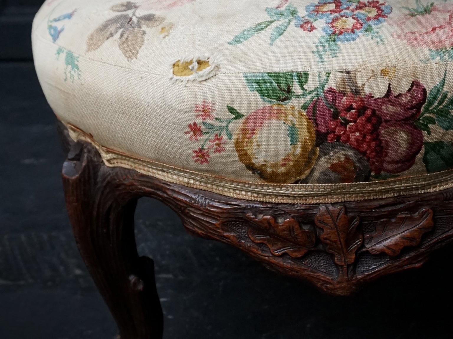 19th Century Swiss Black Forest Carved Walnut and Fabric Upholstered Armchair For Sale 4