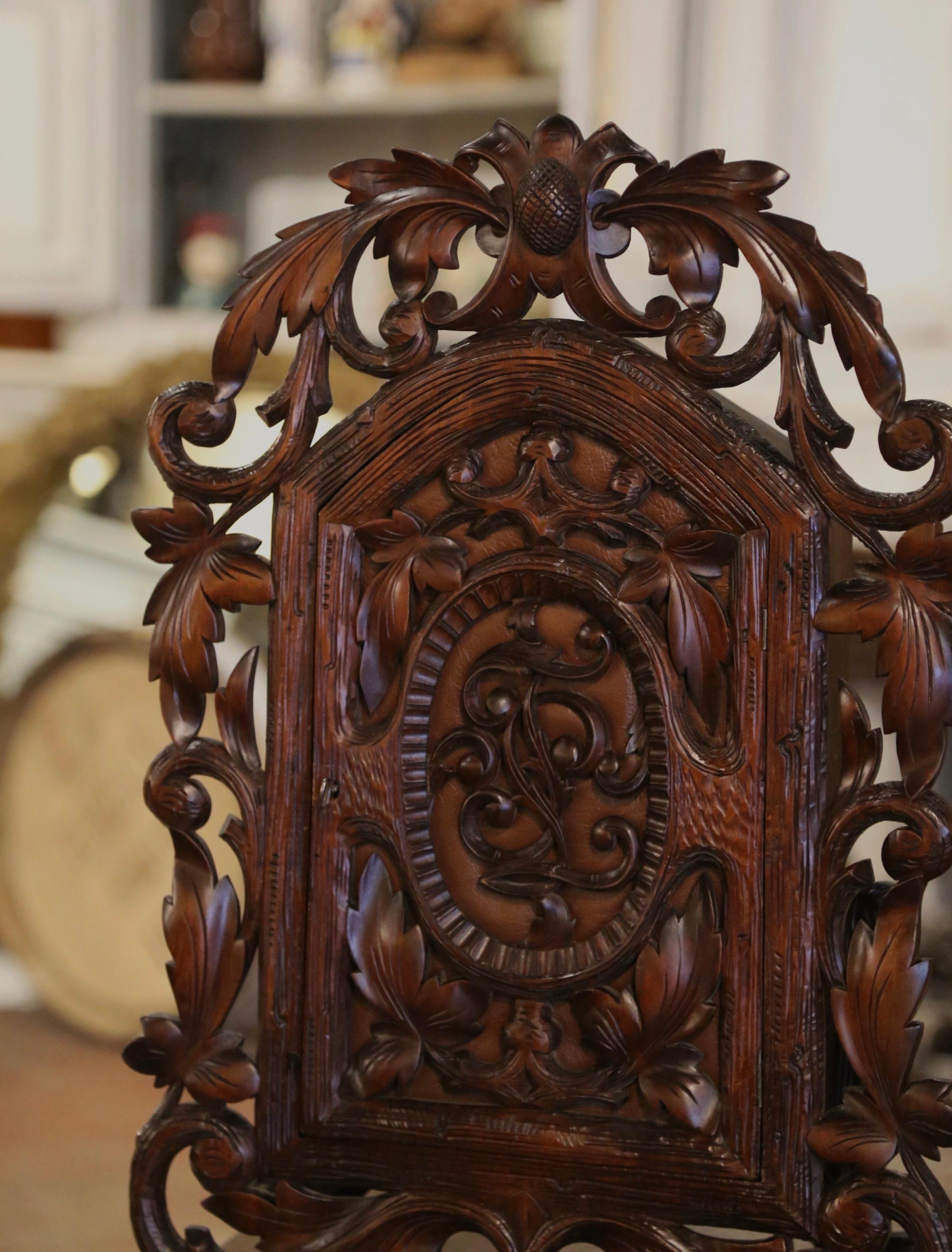 French 19th Century Black Forest Carved Walnut and Leather Wall Vitrine Cabinet  For Sale