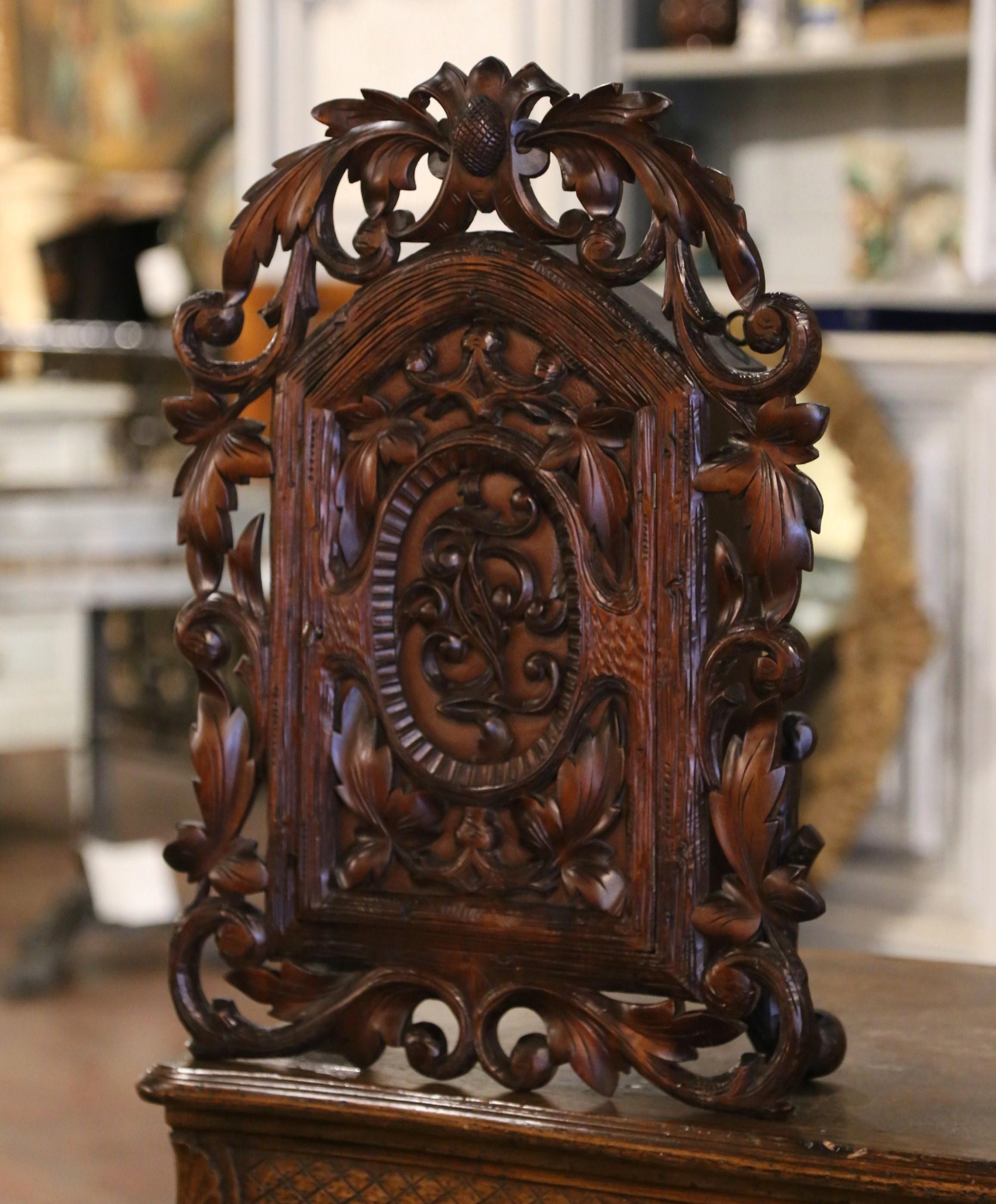19th Century Black Forest Carved Walnut and Leather Wall Vitrine Cabinet  For Sale 1