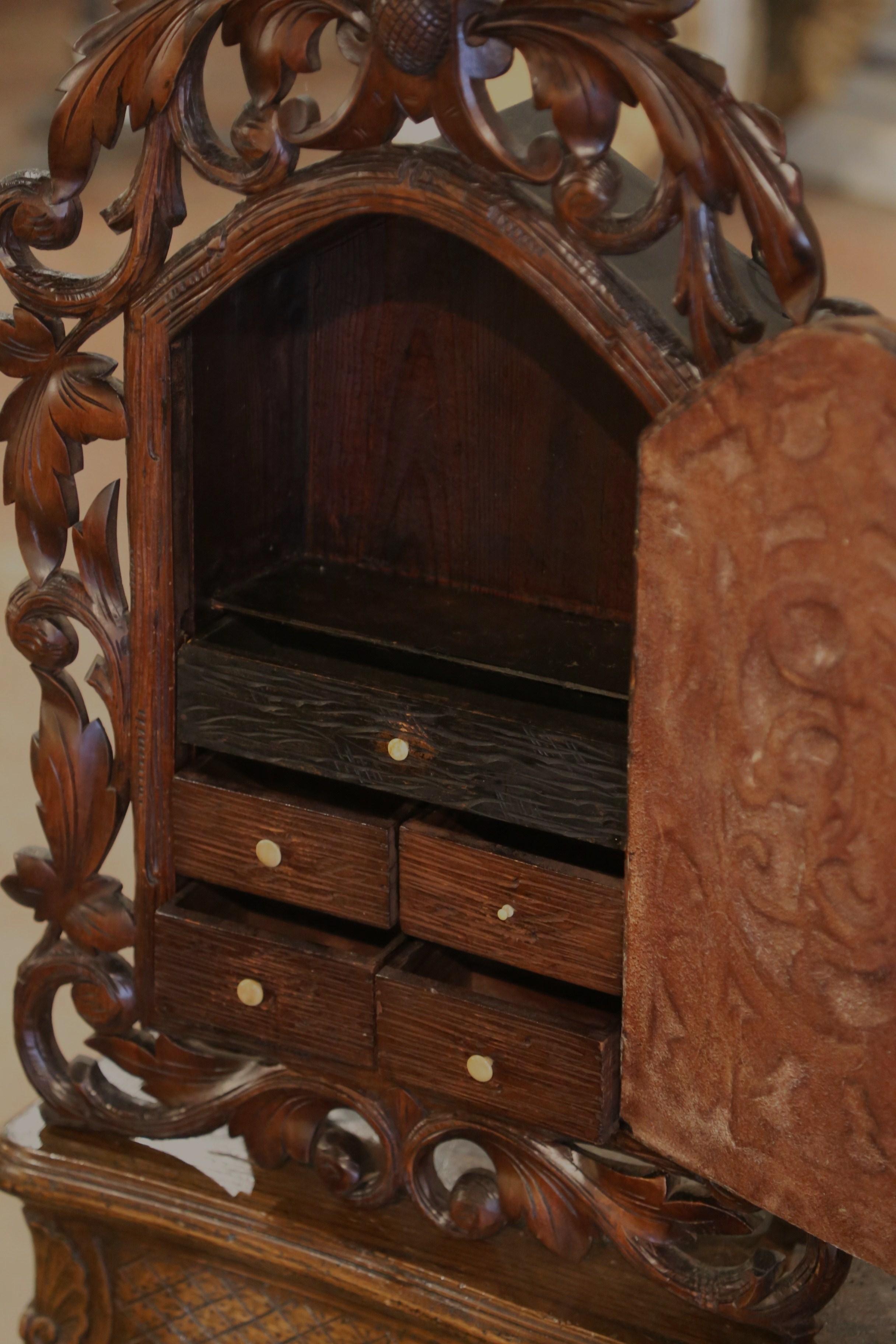 19th Century Black Forest Carved Walnut and Leather Wall Vitrine Cabinet  For Sale 4