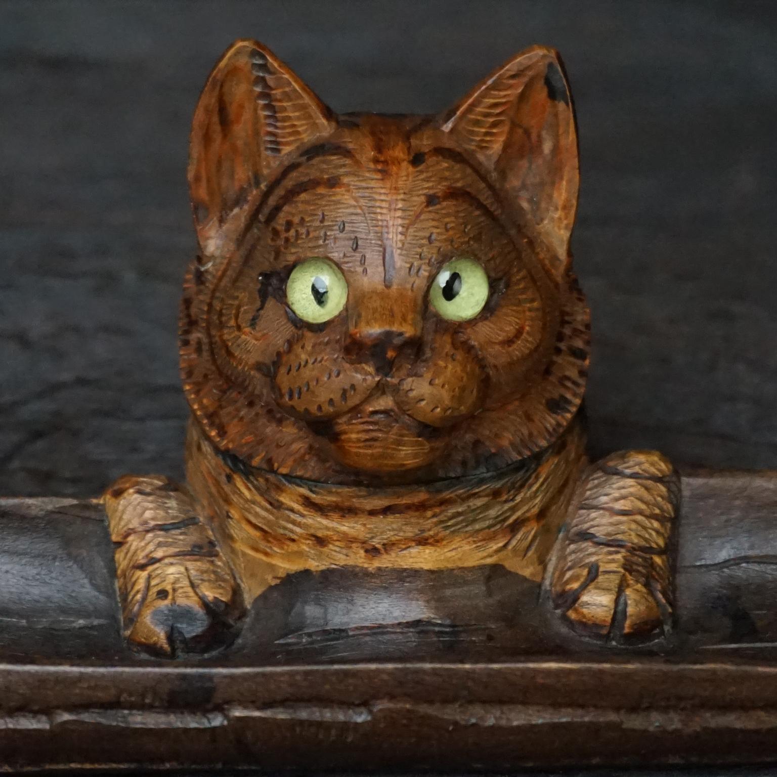 Bone 19th Century Black Forest Carved Walnut Dog and Cat Head Inkwells with Pen Rest For Sale
