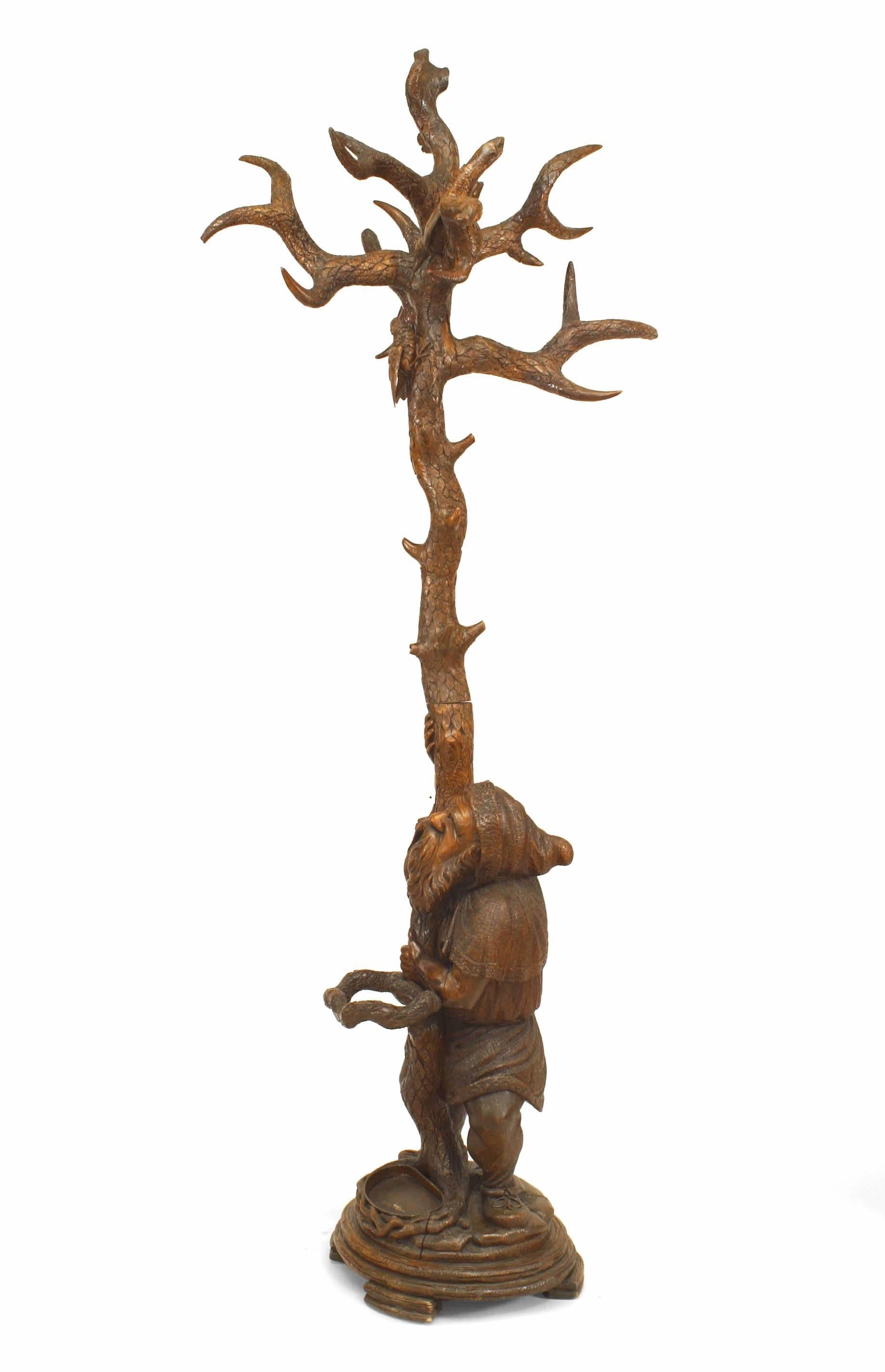 European Rustic Black Forest Style Walnut Gnome Hatrack For Sale