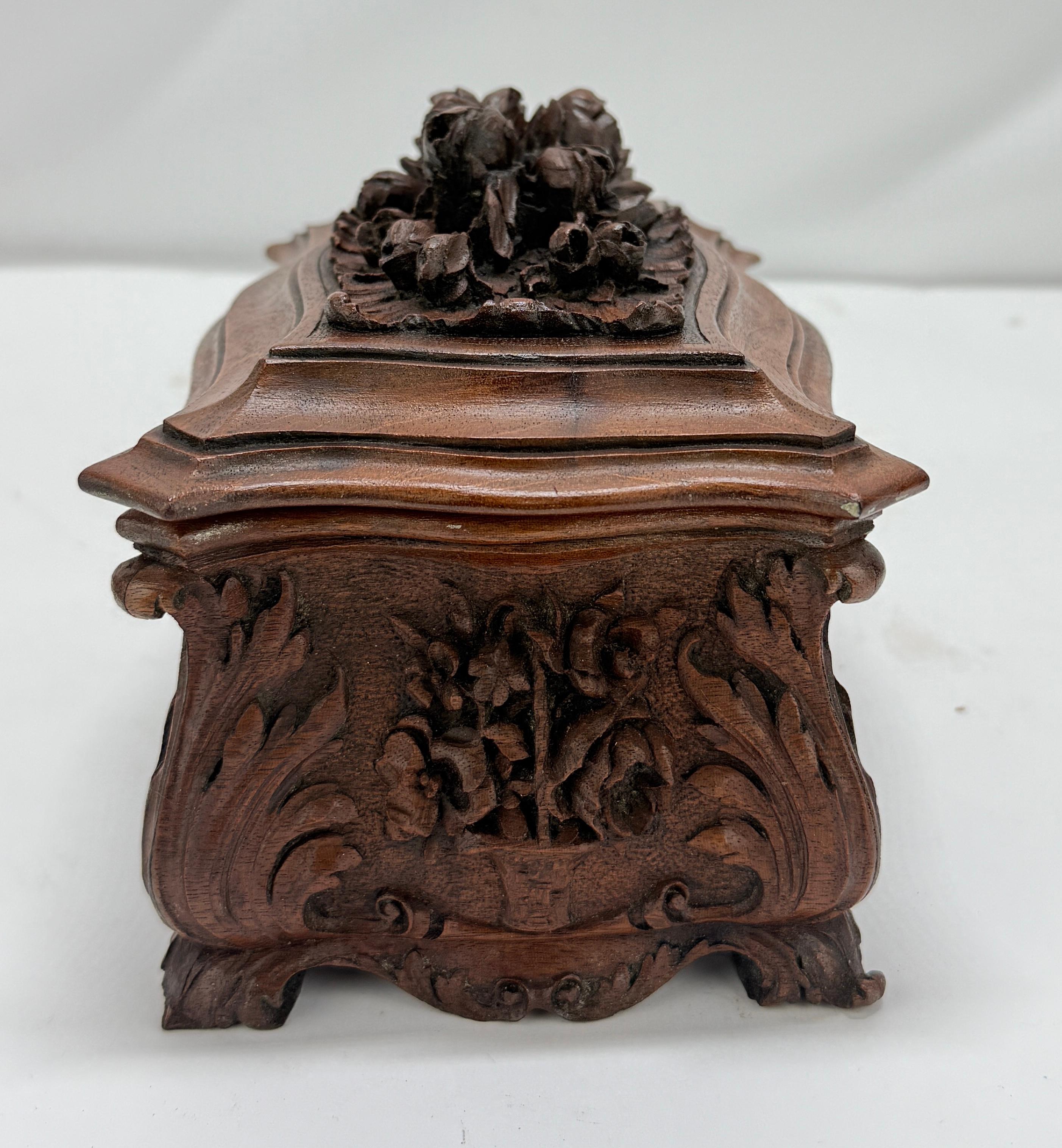 Swiss 19th Century, Black Forest Carved Walnut Jewelry Casket Brienz Region For Sale