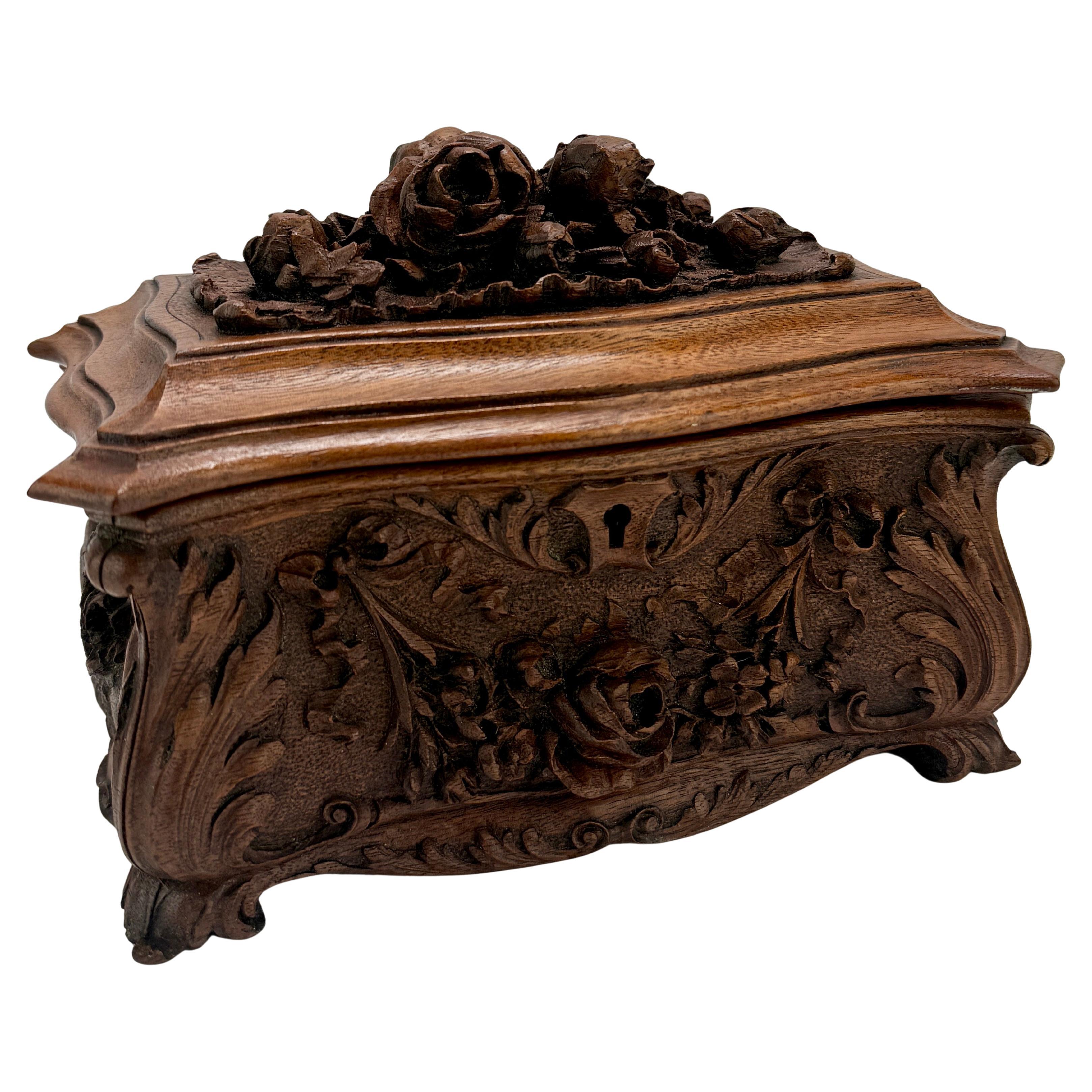 19th Century, Black Forest Carved Walnut Jewelry Casket Brienz Region For Sale
