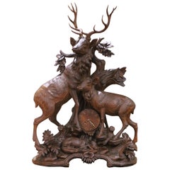 Antique 19th Century Black Forest Carved Walnut Stag and Deer Figural Mantel Clock