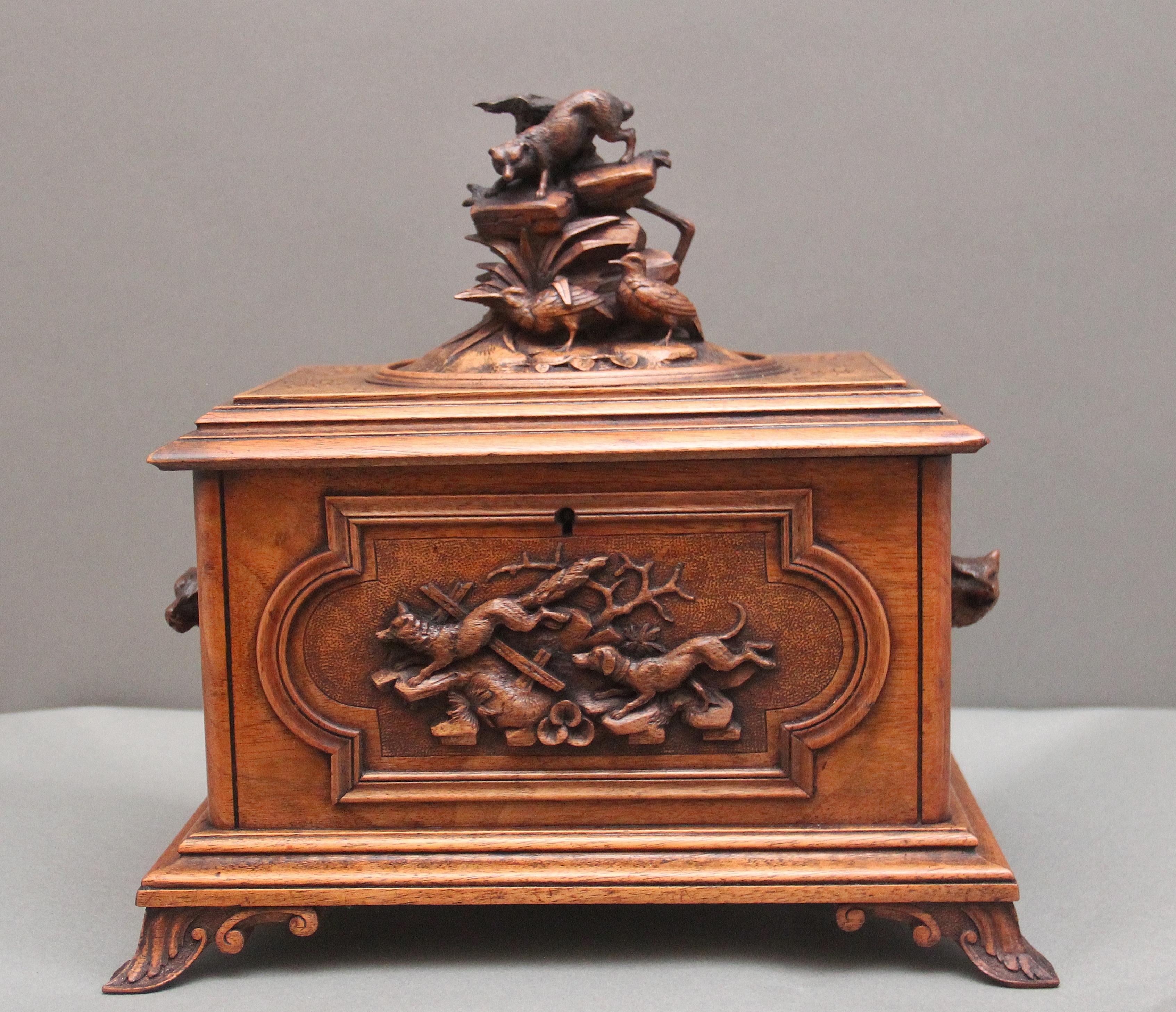 Black Forest 19th Century black forest carved wood casket For Sale