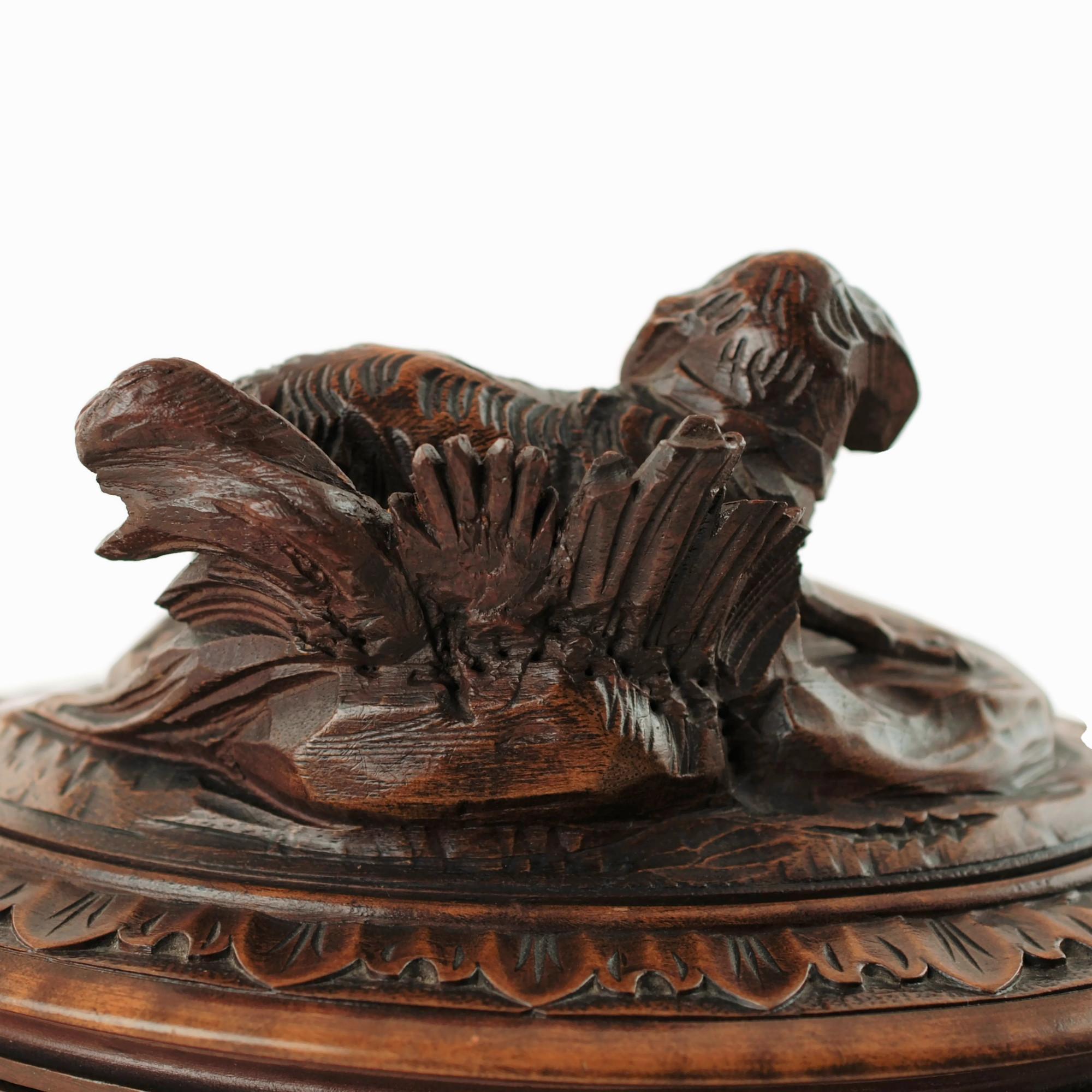 French 19th Century Black Forest Carved Wood Dog Motif Velvet Lined Casket with Key