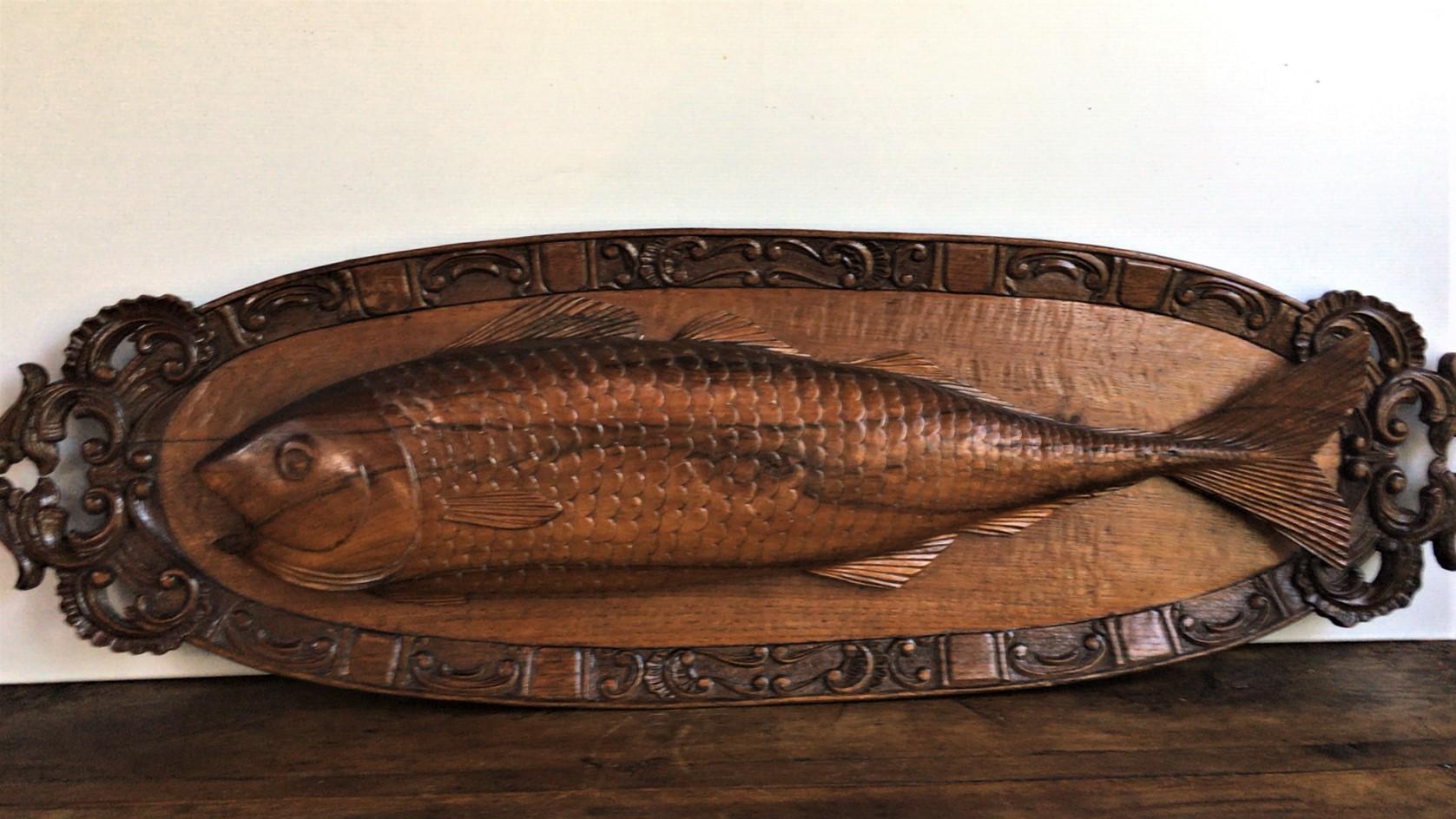 French 19th Century Black Forest Carved Wood Fish Trophy Wall Plaque For Sale