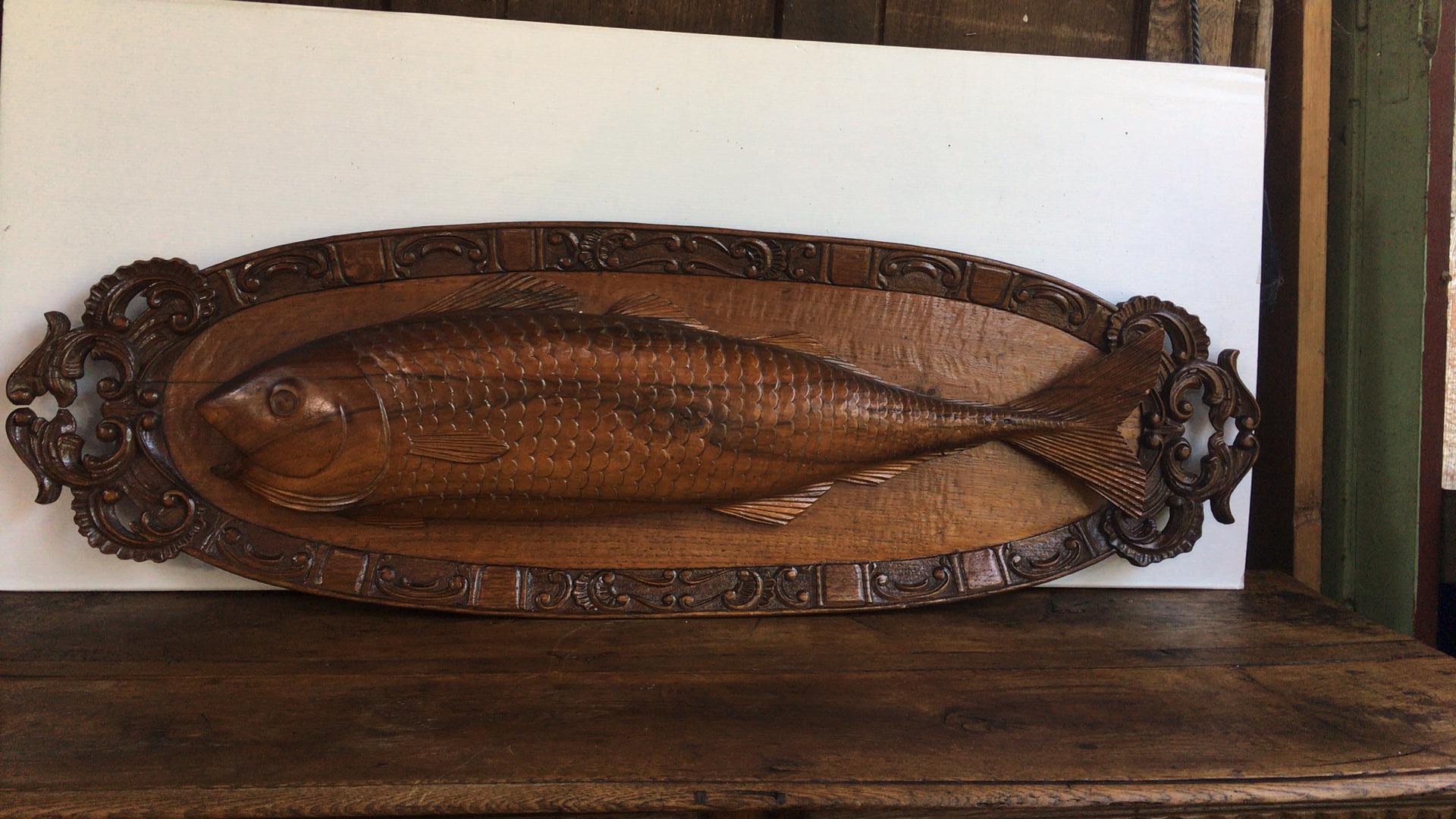 Hand-Carved 19th Century Black Forest Carved Wood Fish Trophy Wall Plaque For Sale