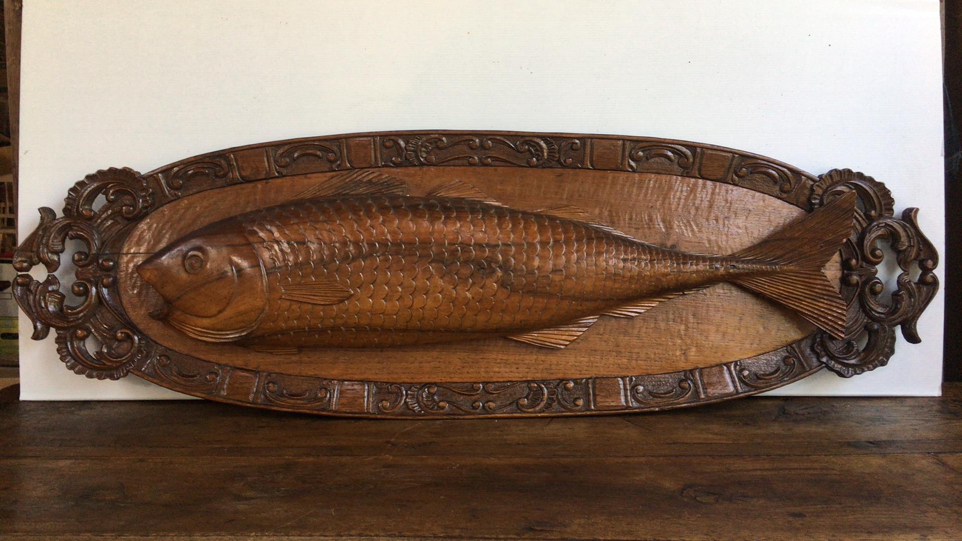 Late 19th Century 19th Century Black Forest Carved Wood Fish Trophy Wall Plaque For Sale