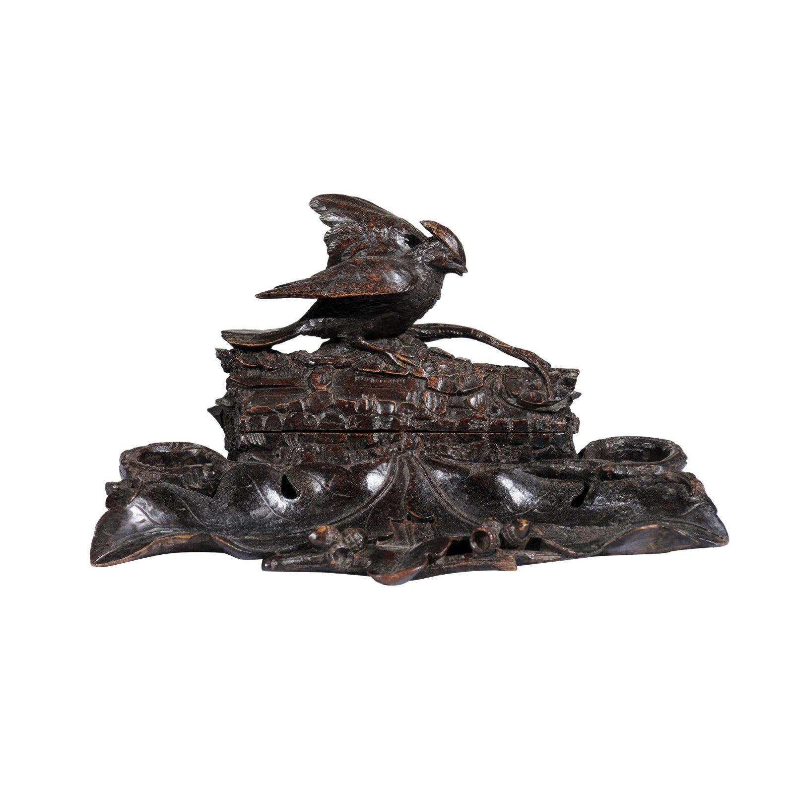 19th Century Black Forest Carved Wooden Inkwell with Bird, Acorns and Oak Leaves