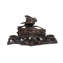 Antique 19th Century Black Forest Carved Wooden Inkwell with Bird, Acorns and Oak Leaves