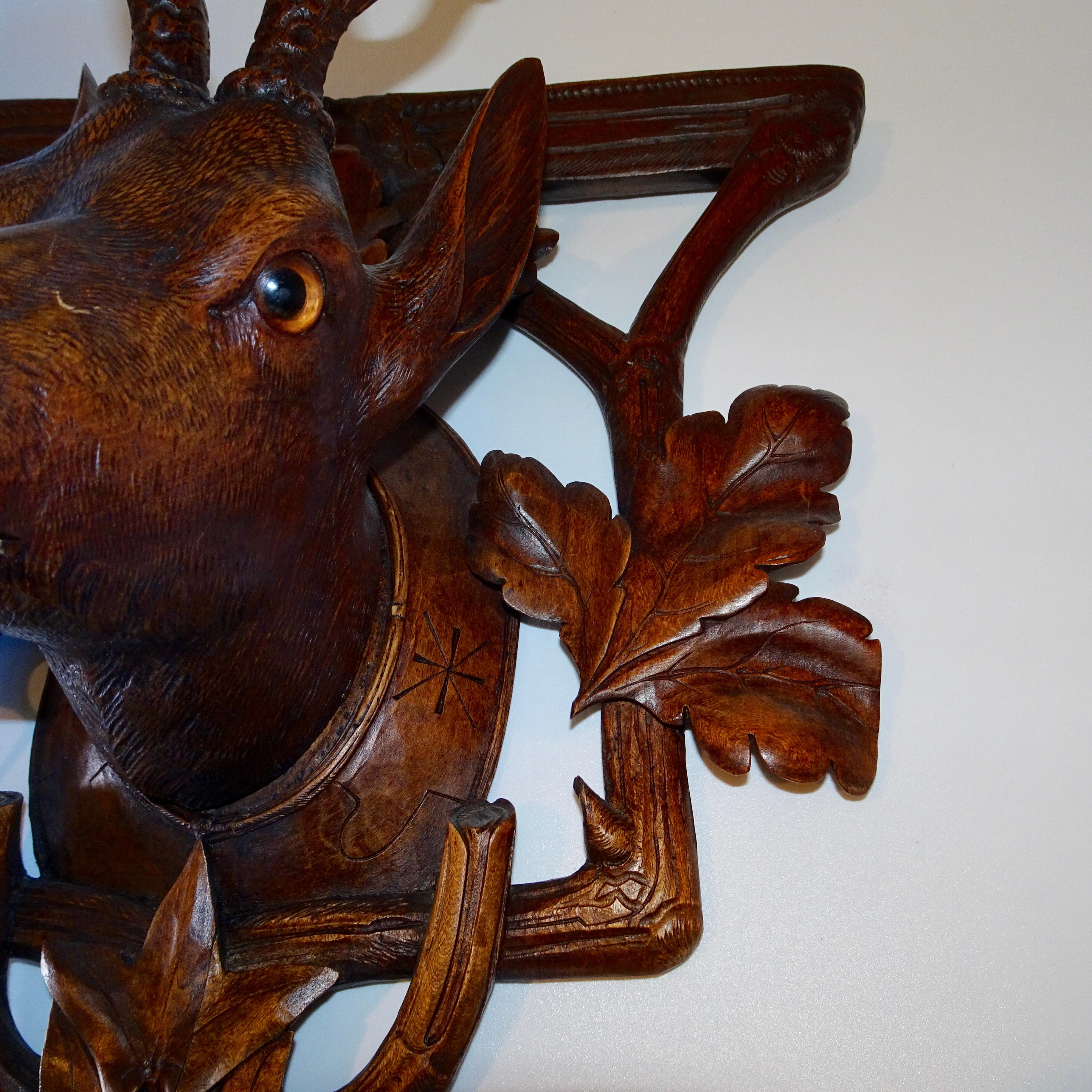 German 19th Century Black Forest Carving of Deer Head For Sale