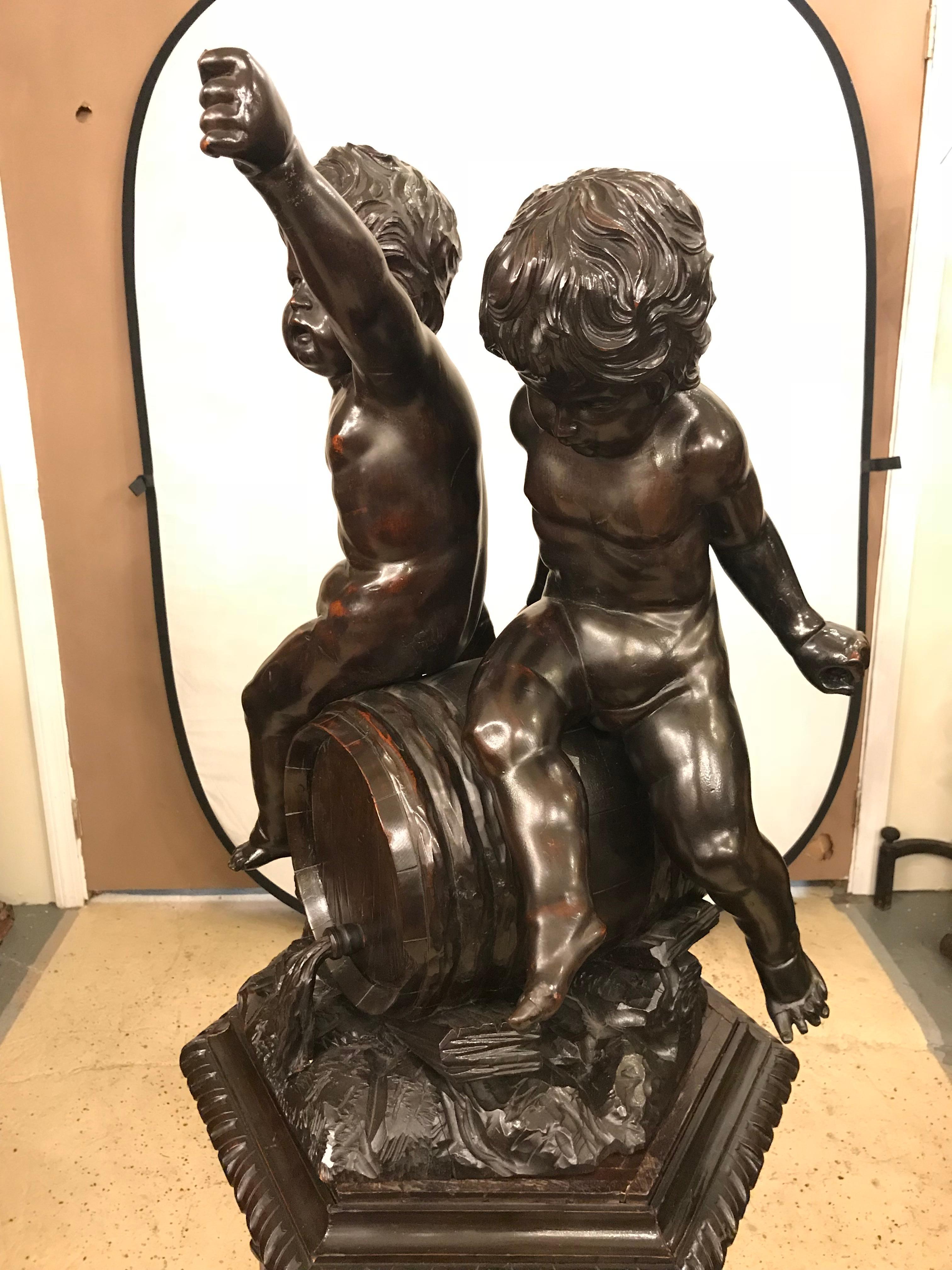 19th Century Black Forest Carving on Pedestal of Two Drunken Cherubs In Good Condition In Stamford, CT