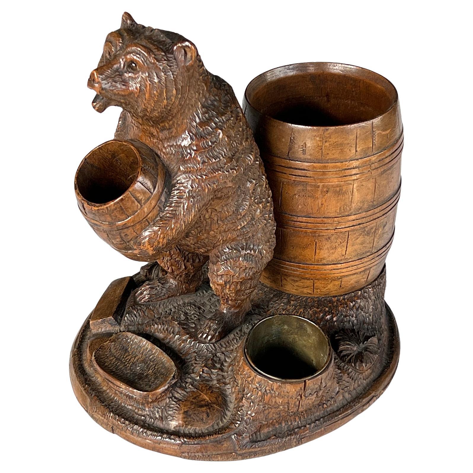 19th Century Black Forest Cigar Holder of a Bear Holding a Barrel