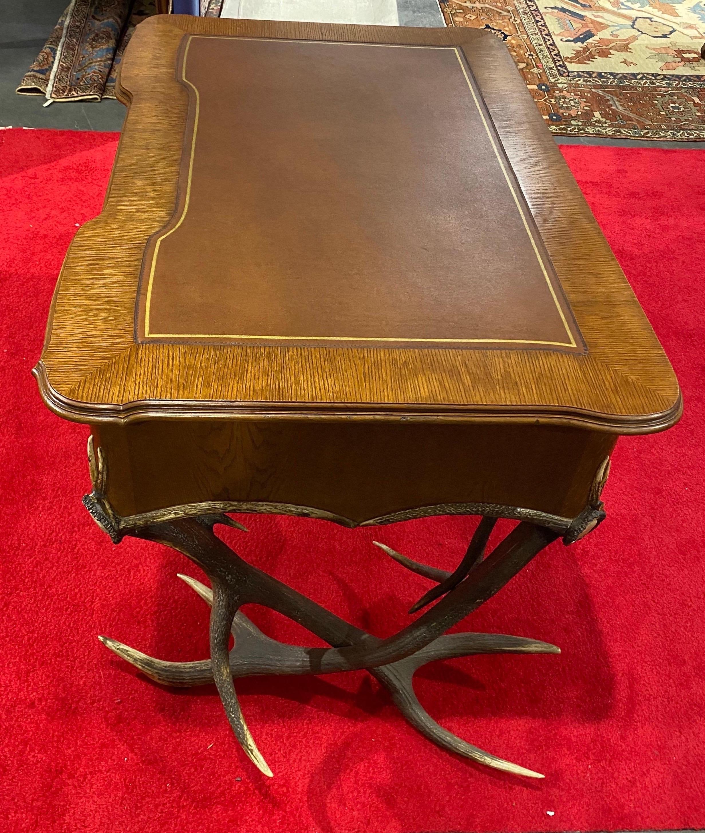19th Century Black Forest Leather Top Antler Desk and Removable Shelf 6