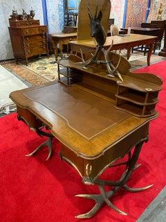19th Century Black Forest Leather Top Antler Desk and Removable Shelf