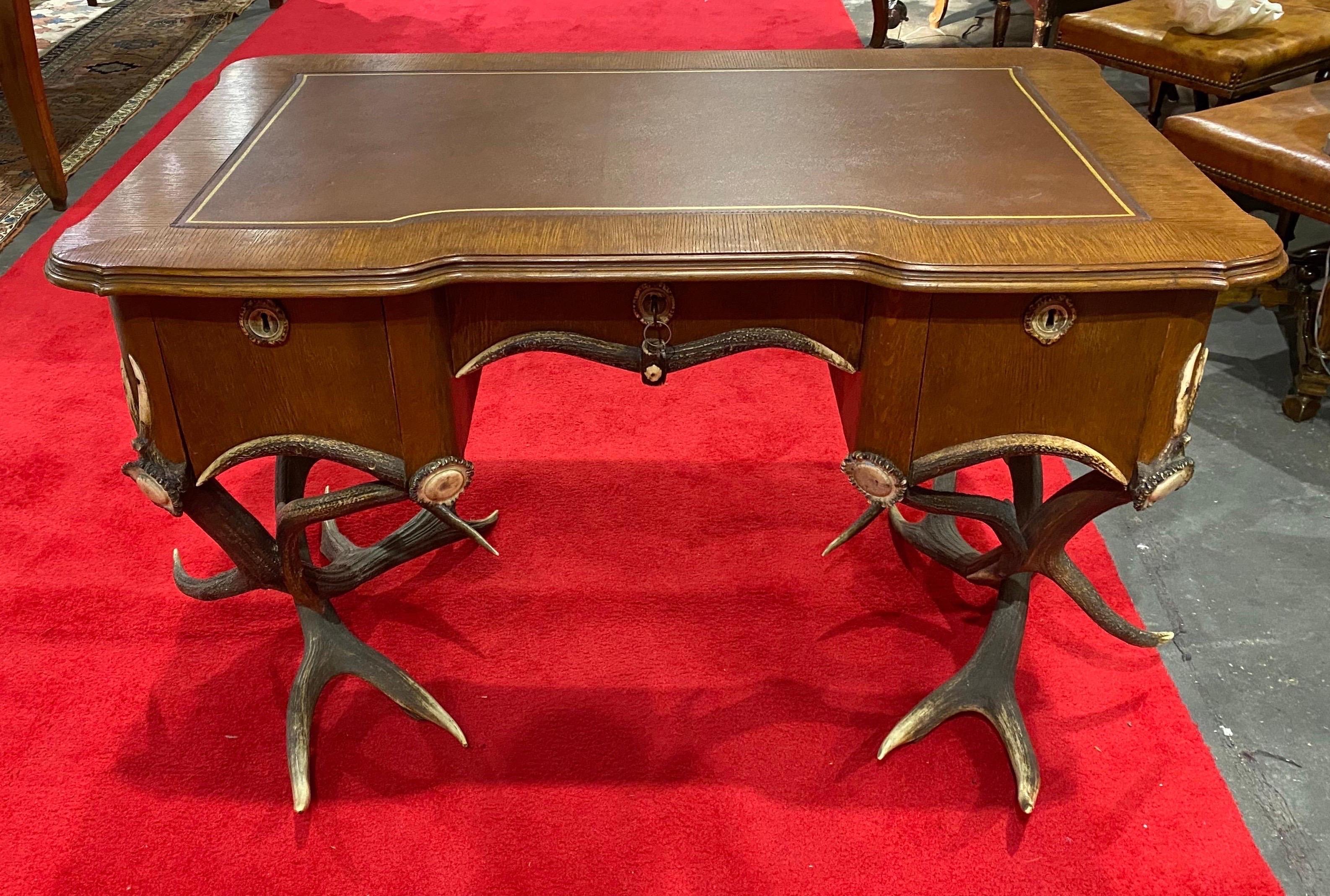 Austrian 19th Century Black Forest Leather Top Antler Desk and Removable Shelf