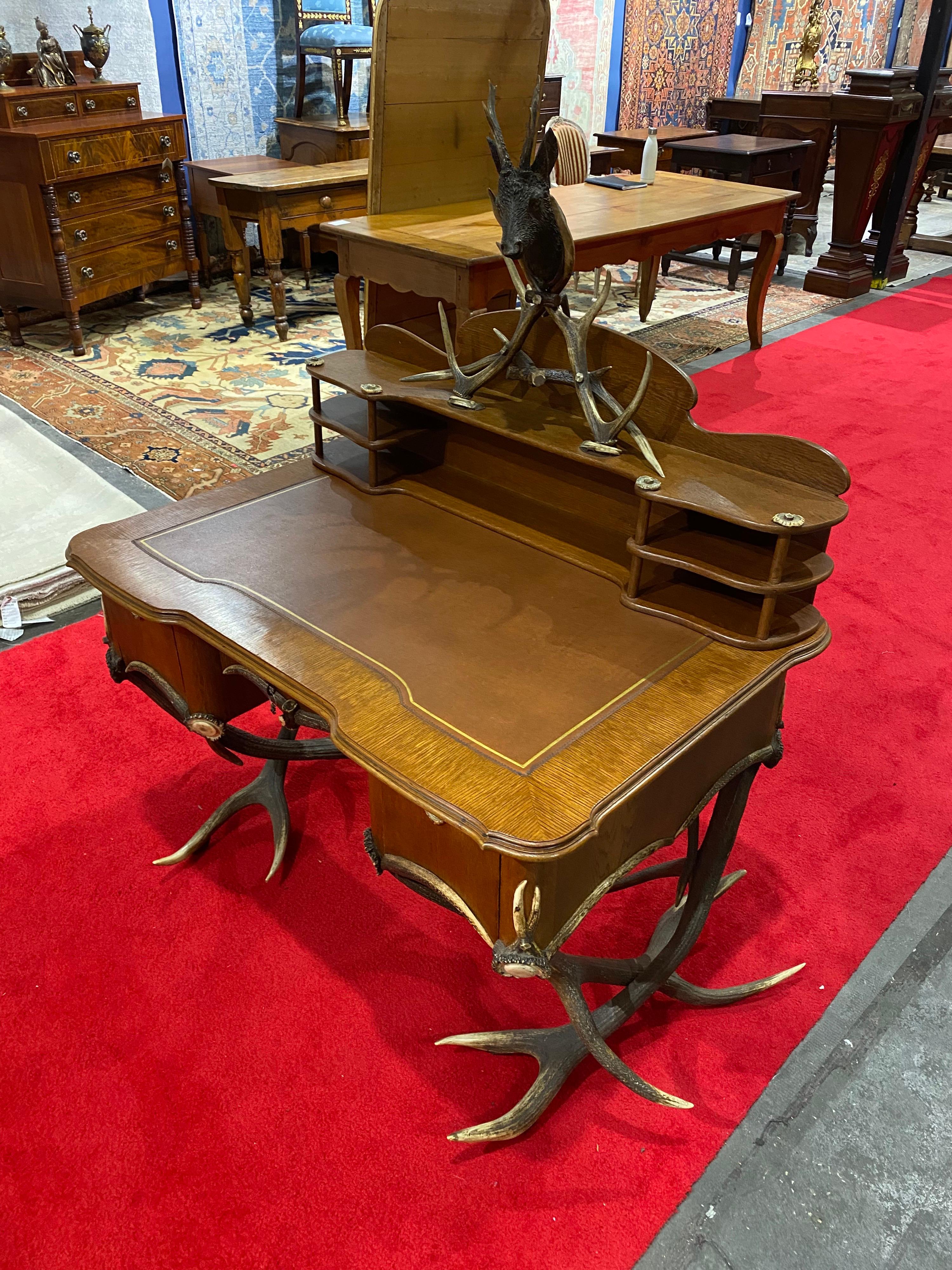 19th Century Black Forest Leather Top Antler Desk and Removable Shelf 1