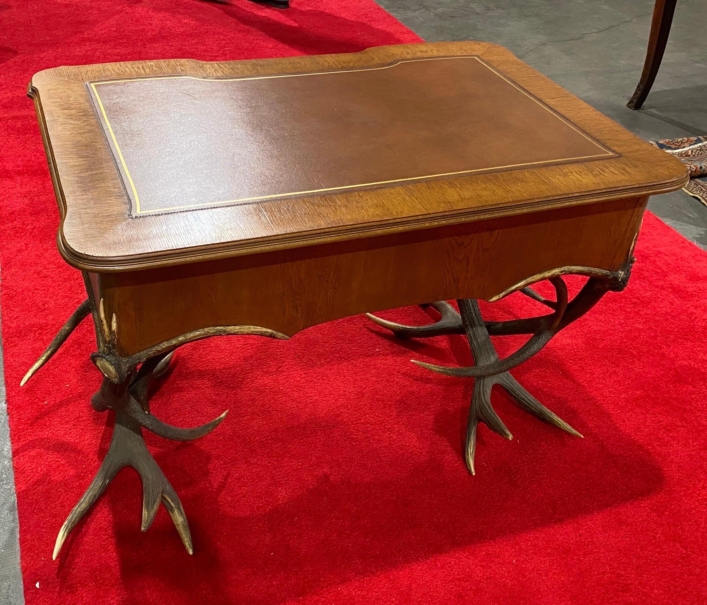 19th Century Black Forest Leather Top Antler Desk and Removable Shelf 4