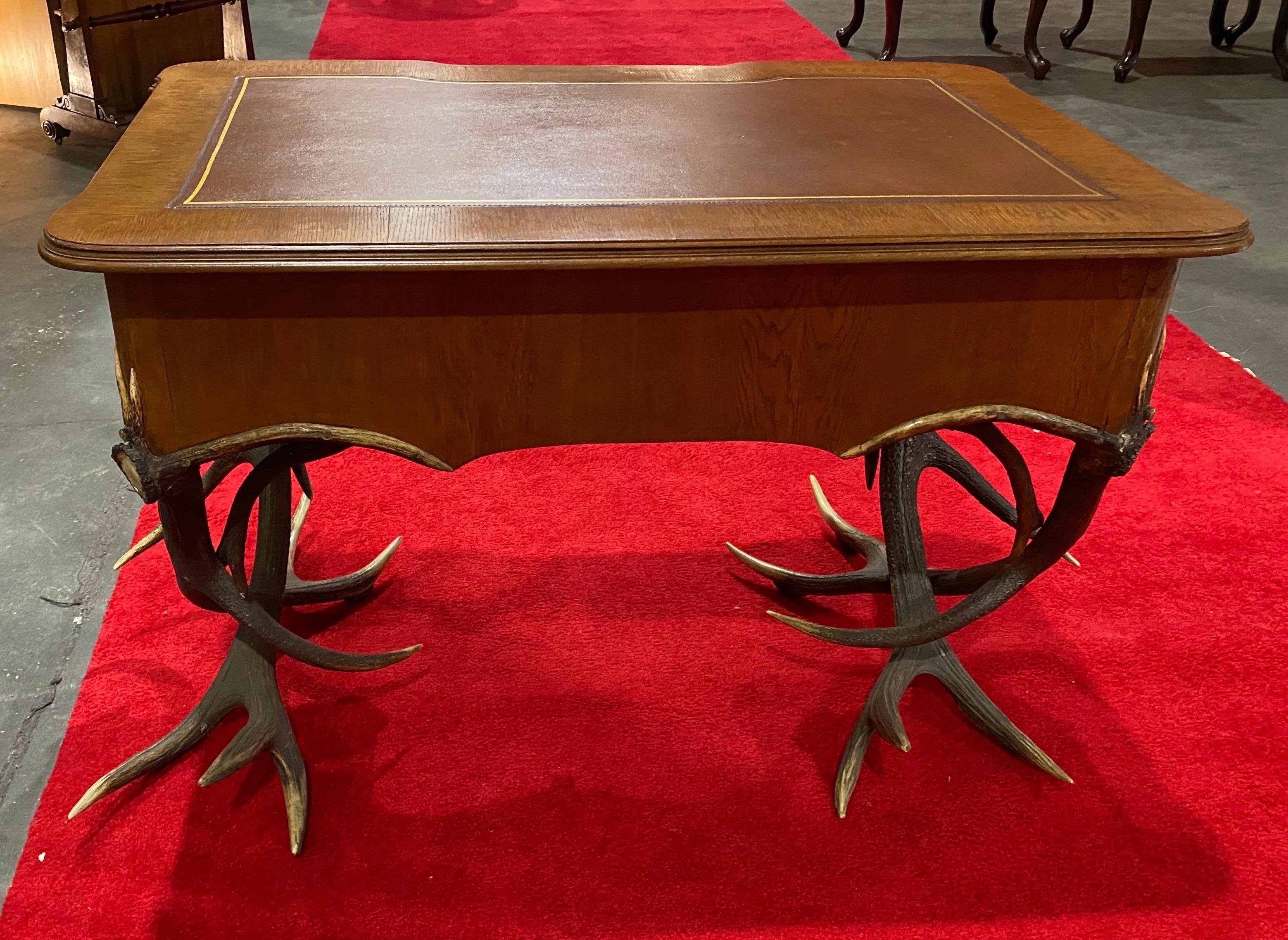 19th Century Black Forest Leather Top Antler Desk and Removable Shelf 5