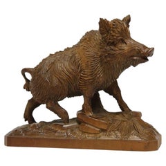 19th Century Black Forest Limewood Carved Study of a Boar, Circa 1870