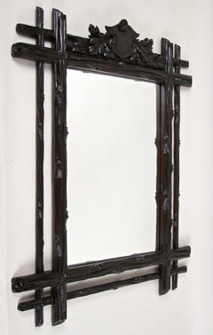 19th Century Black Forest Rustic Mirror with Coat of Arms Carving, AT, ca 1880