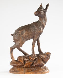 19th Century Black Forest Sculpture - Deer / Chamois - Hand Carved Walnut