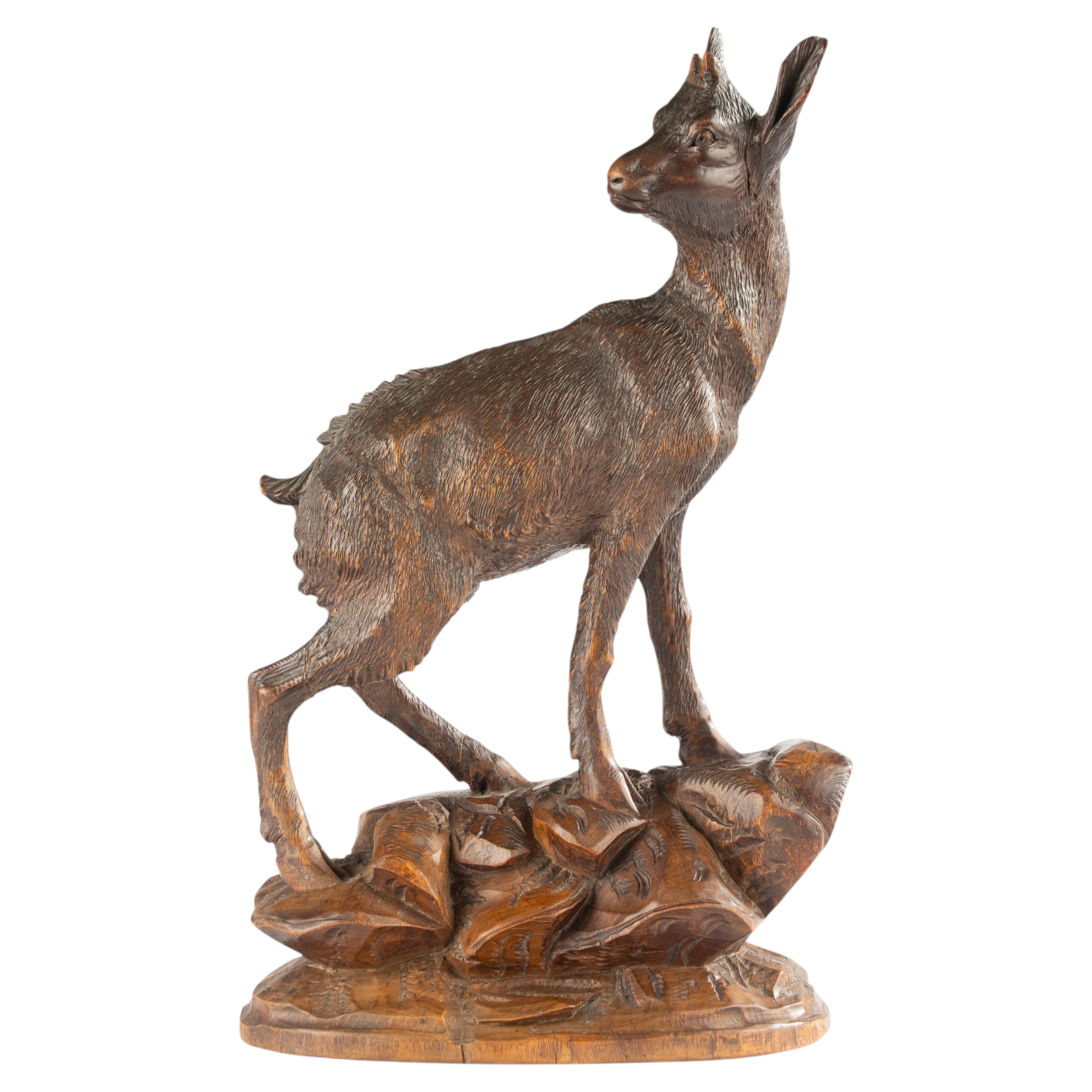19th Century Black Forest Sculpture - Deer / Chamois - Hand Carved Walnut For Sale