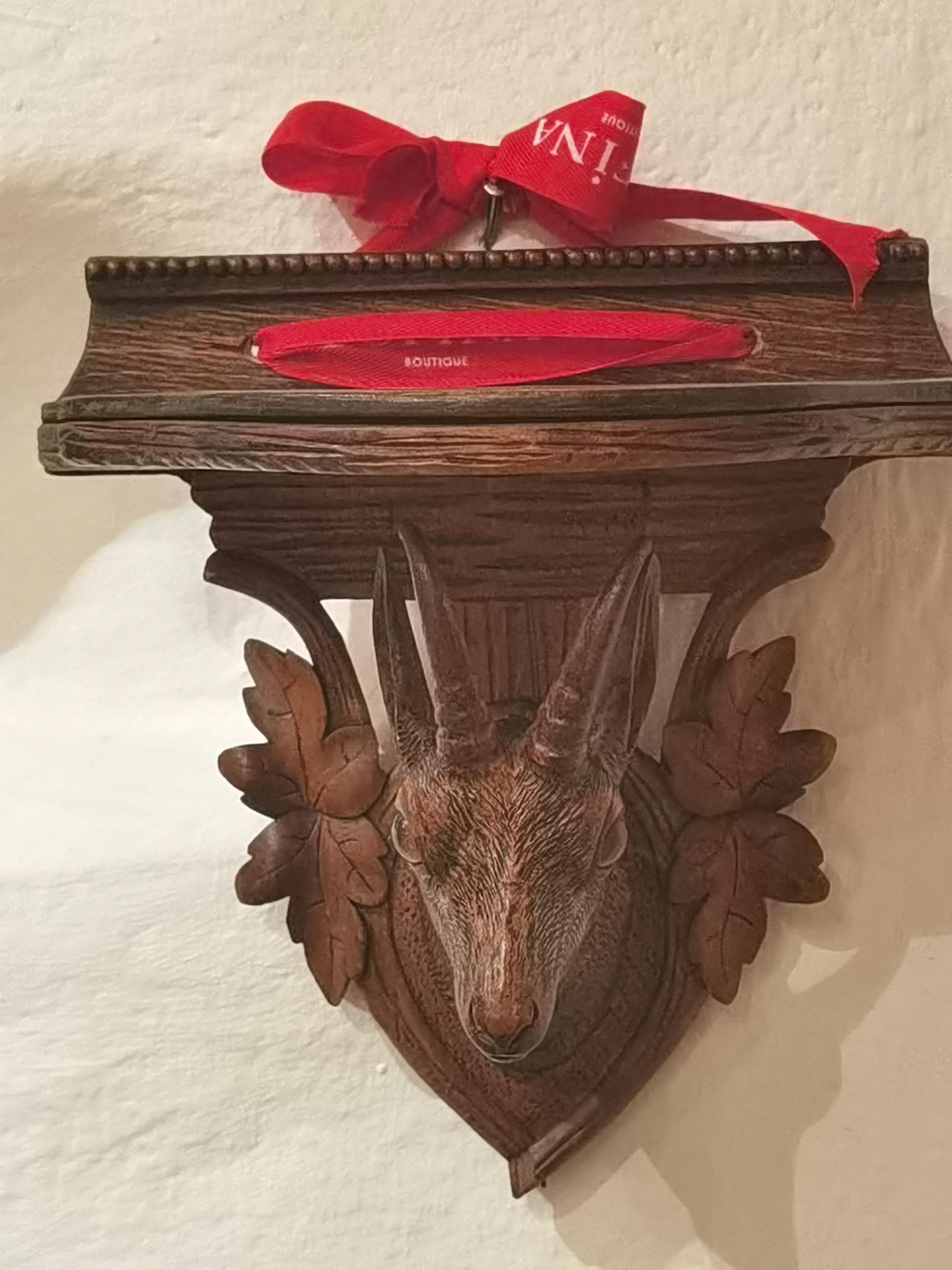 Hand-Carved 19th Century Black Forest Small Deer Head Throphy with Carved Wood Plaque