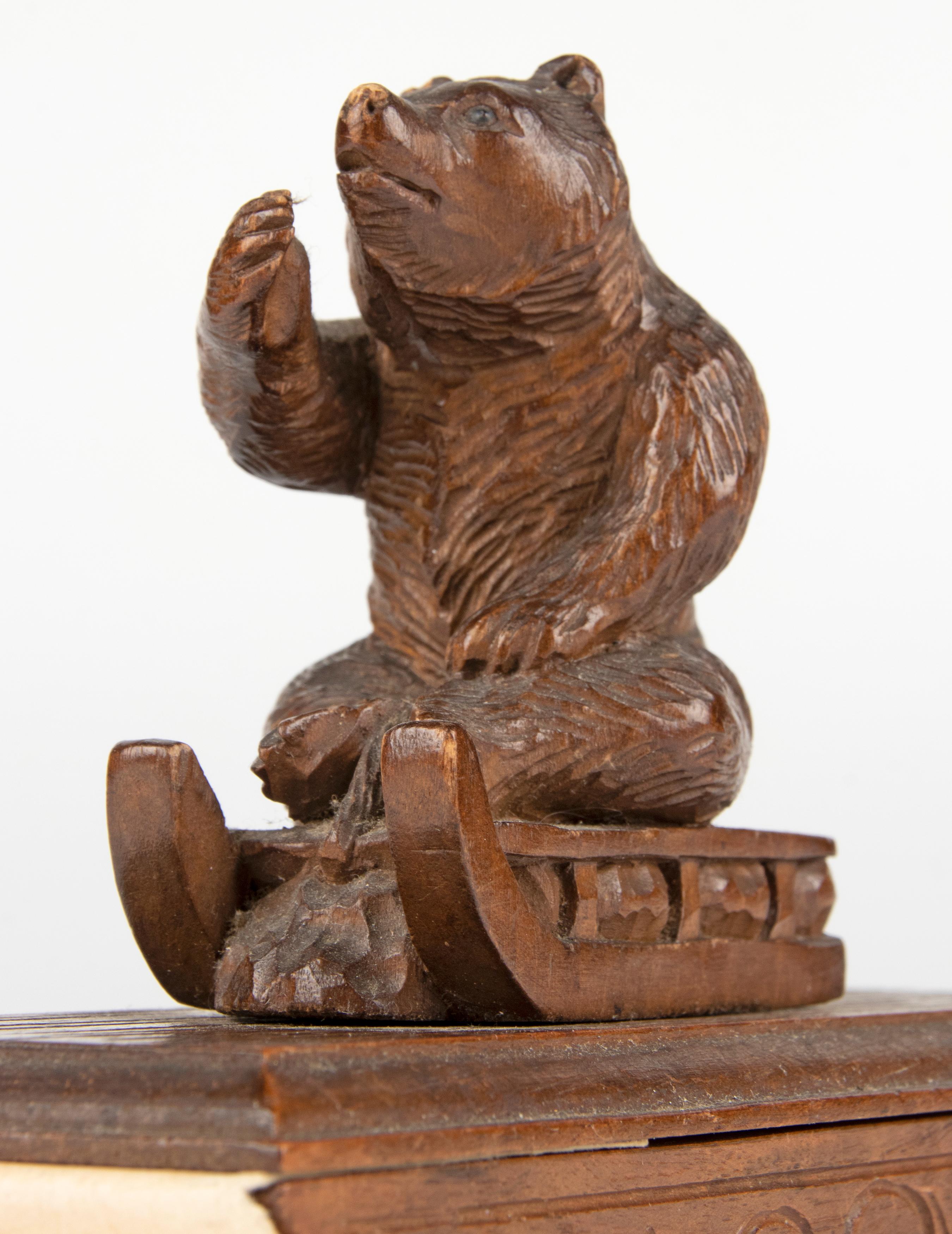 Hand-Carved 19th Century Black Forest Walnut Desk Blotter with a Bear on a Sled