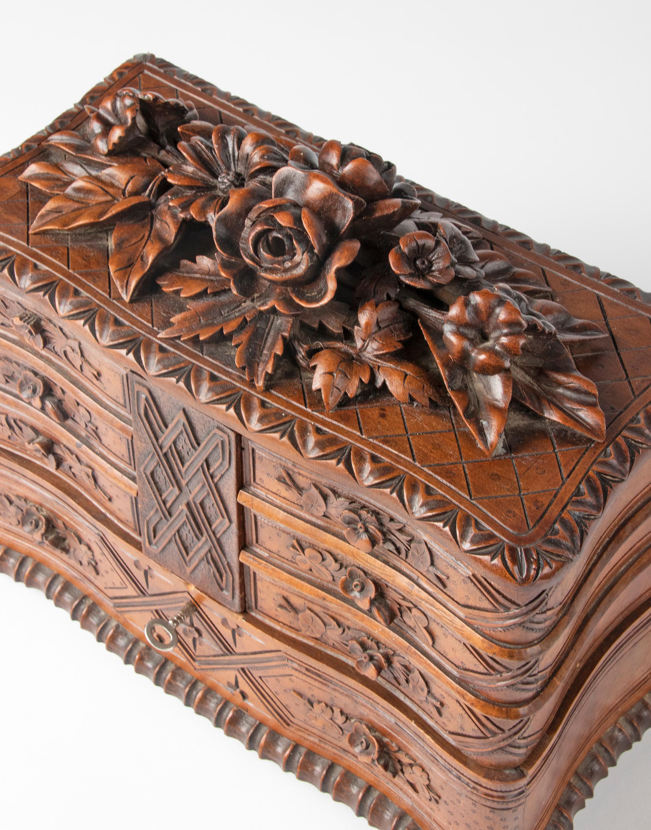 Hand-Carved 19th Century Black Forest Walnut Jewelry Chest