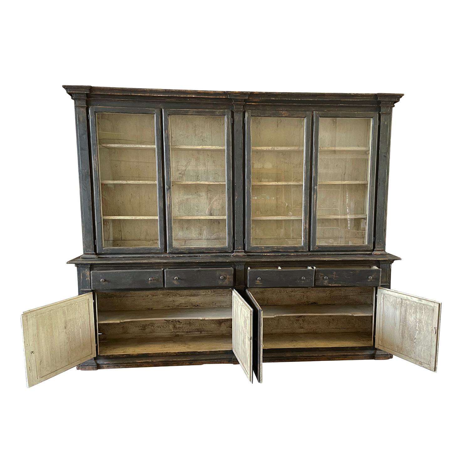 19th Century Black French Empire Pinewood Library, Antique Bookcase In Good Condition In West Palm Beach, FL