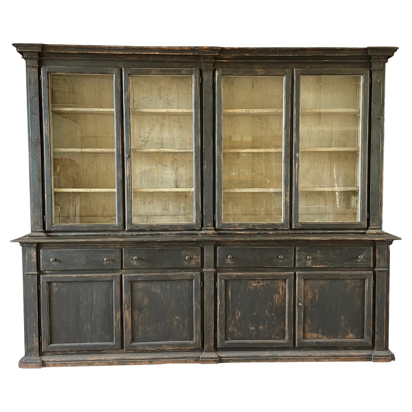 19th Century Black French Empire Pinewood Library, Antique Bookcase