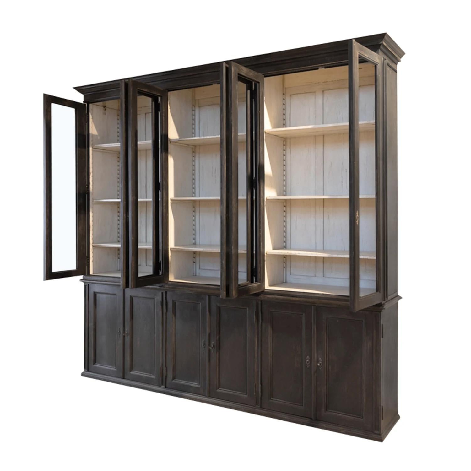19th Century Black French Empire Pinewood Library, Antique Large Bookcase In Good Condition In West Palm Beach, FL