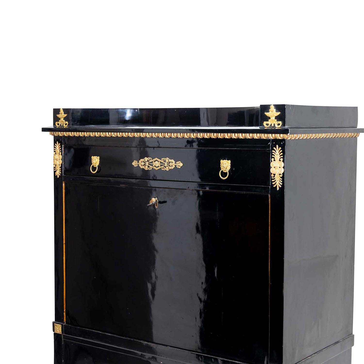 19th Century Black French Empire Polished Ebony Secretary, Antique Birch Cabinet For Sale 5