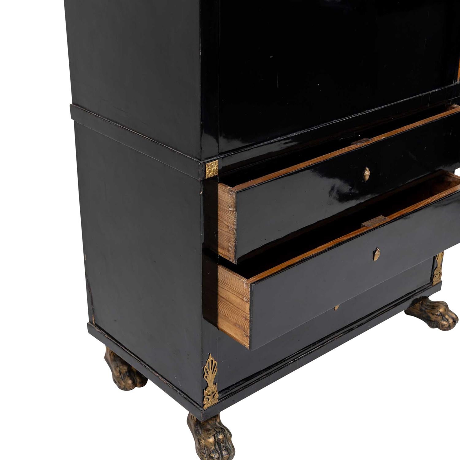 19th Century Black French Empire Polished Ebony Secretary, Antique Birch Cabinet For Sale 7