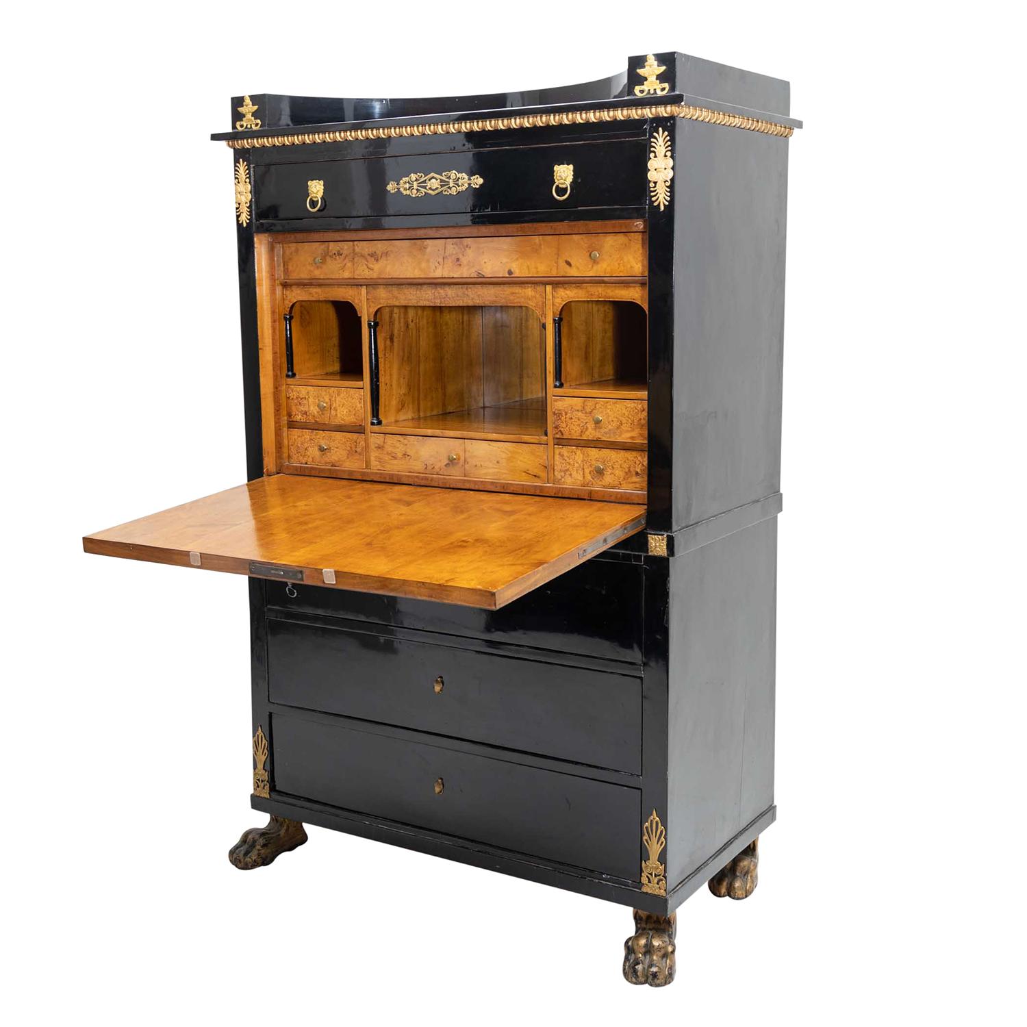 Hand-Carved 19th Century Black French Empire Polished Ebony Secretary, Antique Birch Cabinet For Sale