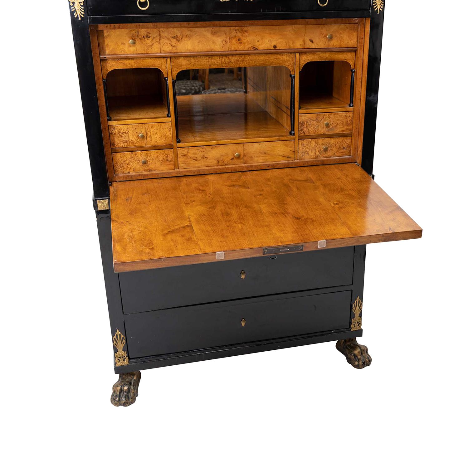 19th Century Black French Empire Polished Ebony Secretary, Antique Birch Cabinet In Good Condition For Sale In West Palm Beach, FL