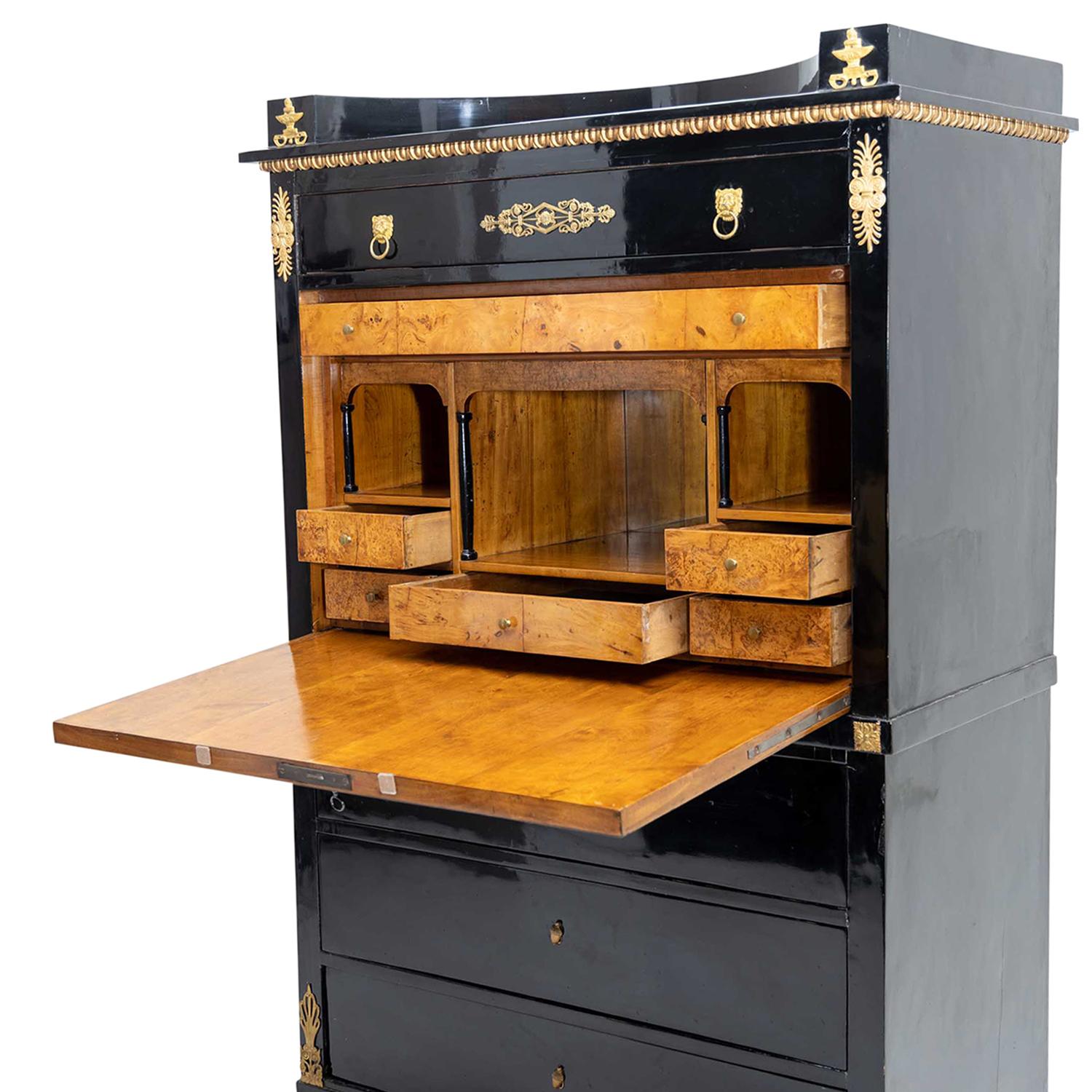 Metal 19th Century Black French Empire Polished Ebony Secretary, Antique Birch Cabinet For Sale