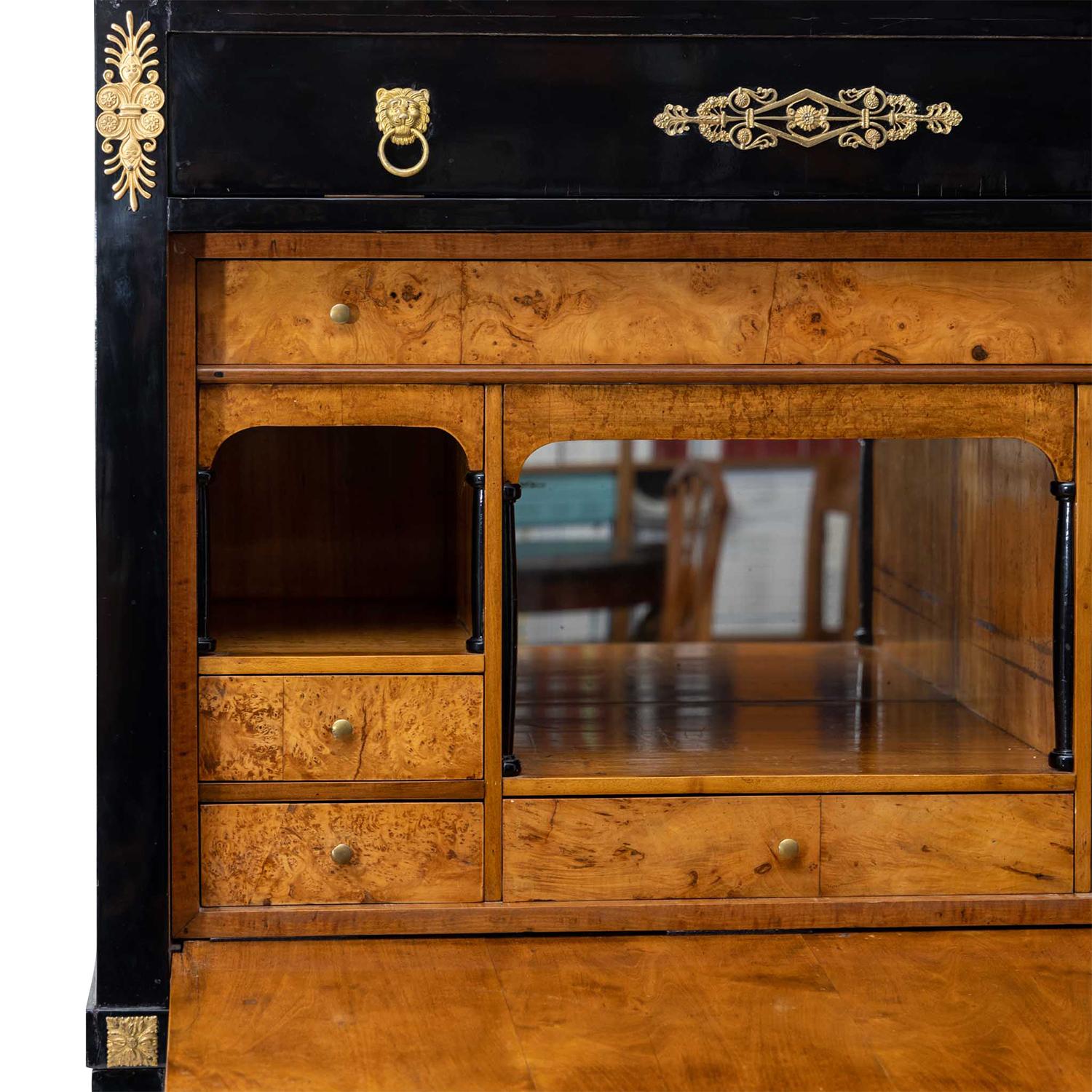 19th Century Black French Empire Polished Ebony Secretary, Antique Birch Cabinet For Sale 1