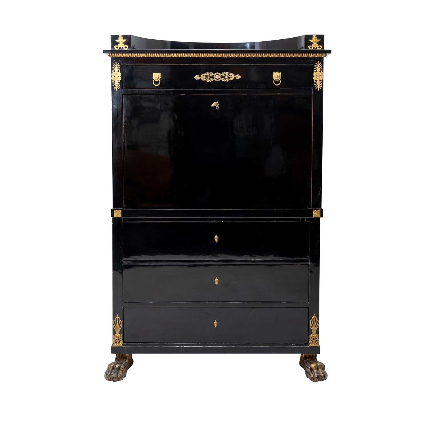 19th Century Black French Empire Polished Ebony Secretary, Antique Birch Cabinet For Sale 2