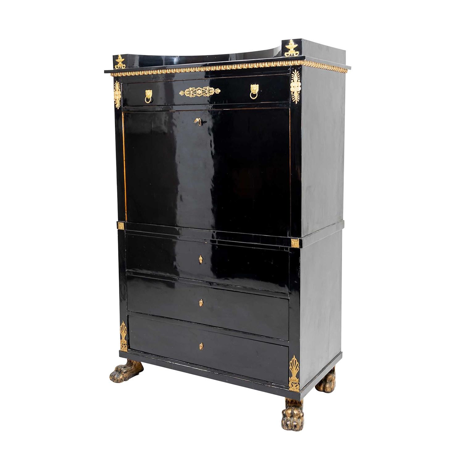 19th Century Black French Empire Polished Ebony Secretary, Antique Birch Cabinet For Sale 3