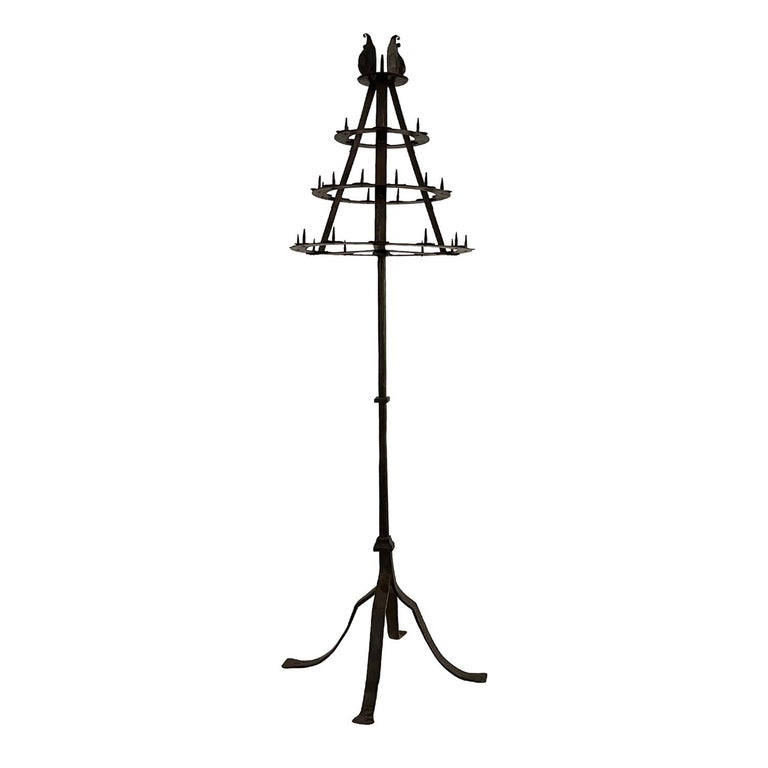 19th Century Black French Medieval Antique Wrought Iron Floor Candle