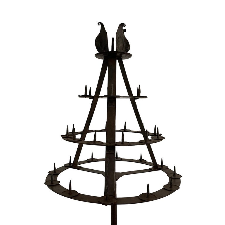 19th Century Black French Medieval Antique Wrought Iron Floor Candle